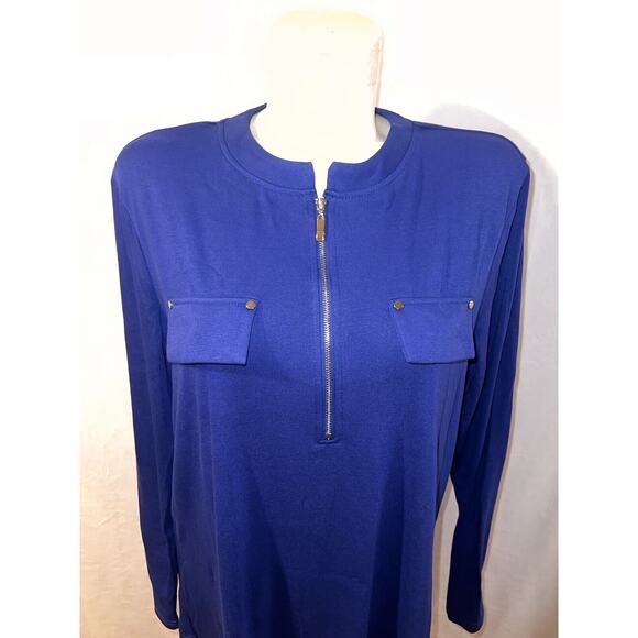 New YA YA BAY Top Women's Size 3XL Royal Blue Zip Neck Roll Tab LS Shirt Tunic - Picture 4 of 8